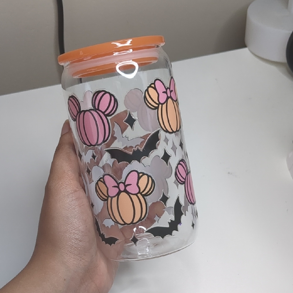 Handmade Halloween Mickey Mouse Glass Coffee Cup 16 Oz with Orange Lid